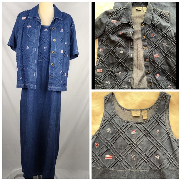 Koret City Blues Set Top Dress Womens Denim Embroidered Pintucks Patriotic. - Picture 1 of 16